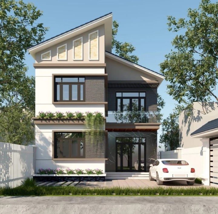 Là kiểu nhà có điểm nhấn ở phần mái lệch, không cân xứng hai bên mang lại sự độc đáo, mới lạ. Do vậy, ở phần mái này bạn nên chọn sử dụng loại tôn sóng vuông cho ngôi nhà để phát huy công dụng thoát nước nhanh vào mùa mưa và mát mẻ về mùa hè.