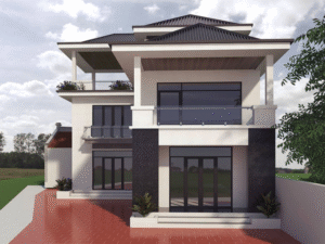 Mẫu nhà có phong cách đơn giản hình chữ L đem lại một không gian sống mở với phần ban công rộng, cửa sổ được làm bằng kính để tạo sự thoáng mát và đón nhận nguồn ánh sáng tự nhiên.